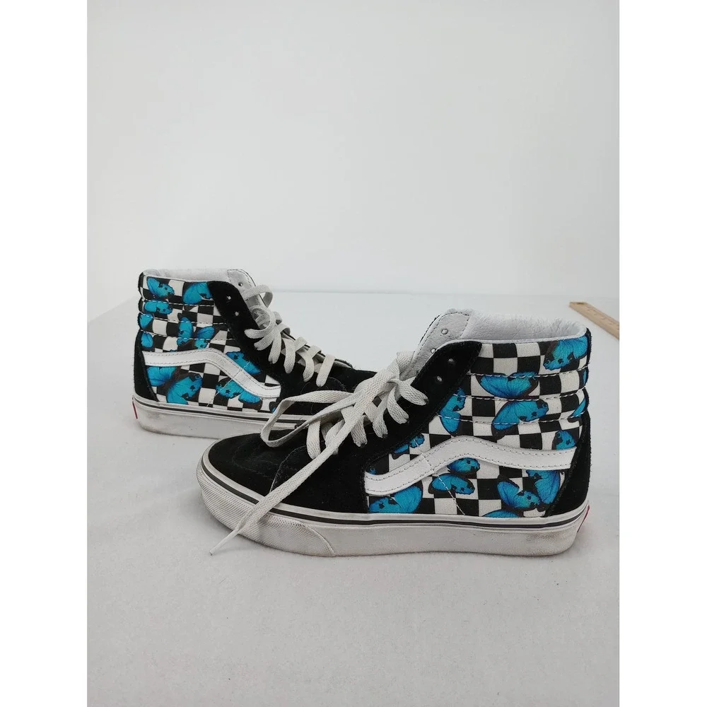 Vans Sk8-Hi Sneakers Womens 5.0 Black Checkerboard Blue Butterfly Skateboard